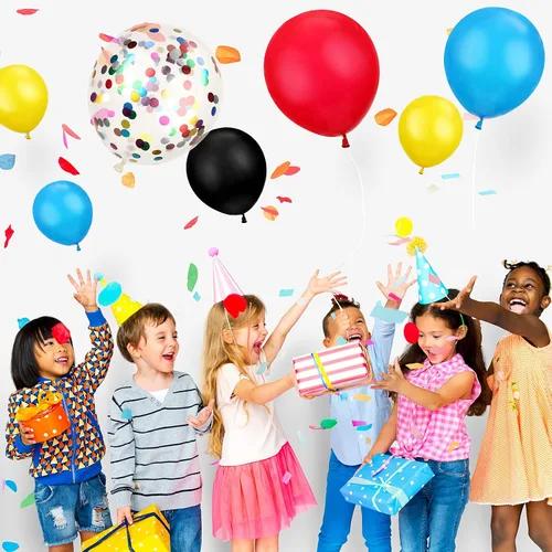 Miniatura 7 de Kit de guirnalda de arco de 147 piezas con temática de héroe, incluye globos azules, rojos, amarillos, negros con globos de confeti y cinta en rollo