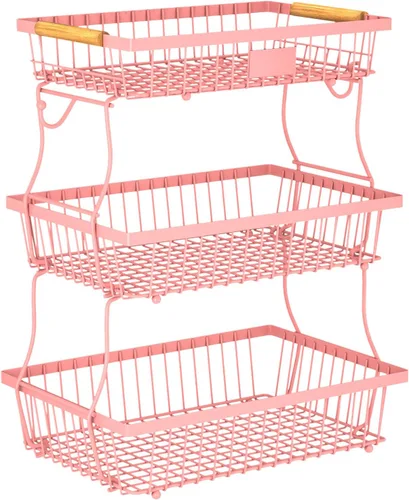 Miniatura 9 de Cesta de frutas de 2 niveles para encimera de cocina con 2 ganchos para plátanos, cesta de pan de metal para encimera con mango de madera, soporte