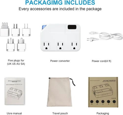 Miniatura 11 de Enchufe de conversión de 250 W, convertidor de viaje internacional con 2 puertos USB y 2 puertos USB-C, reducción de 220 V a 110 V para áreas de 100