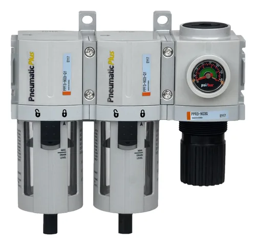 Miniatura 2 de Sistema desecante de aire PneumaticPlus PPC3-N02G de 3 unidades de filtrado, con filtro de partículas de aire, filtro coalescente y regulador
