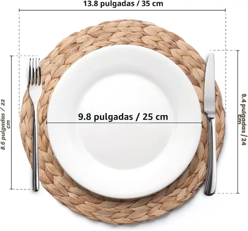 Miniatura 7 de Paquete de 6, Manteles Individuales Redondos Tejidos, Manteles Individuales de Mimbre de Jacinto de Agua Natural, Tapetes de Mesa de Paja Trenzada