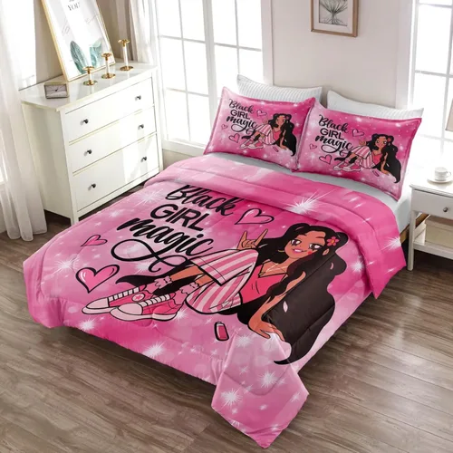 Miniatura 5 de Juego de edredón de niña negra tamaño individual para niños, juegos de ropa de cama mágica de niña negra, juego de edredón de princesa melanina