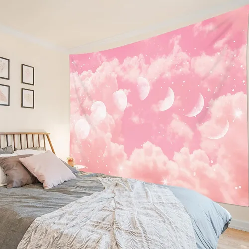 Miniatura 3 de LB Tapiz de fase lunar de nube rosa, nube pastel rosa y blanca con fase lunar para dormitorio, tapiz colgante de pared de paisaje natural, arte