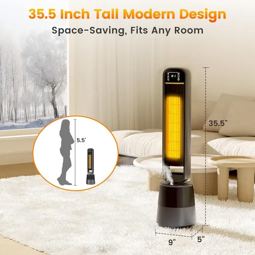 Miniatura 4 de Auertech Combo de calentador de espacio y ventilador de 35 pulgadas, calentador de torre de 1500 W con humidificador, tanque de agua de 1.75 L