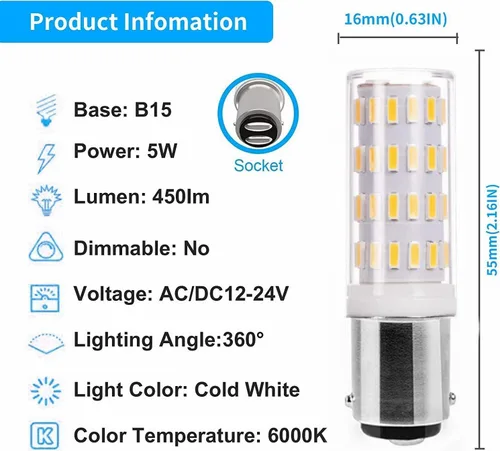 Miniatura 2 de Ba15d 1142 12V-24V bajo voltaje 1004 1076 Bombilla LED blanco cálido 3000K, equivalente a bayoneta de doble contacto 45W, para remolque de caravana