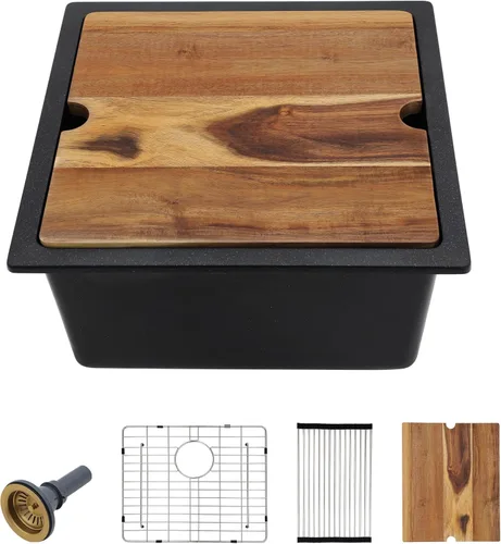 Miniatura 20 de Fregadero de preparación de barra de montaje inferior de 12 x 16 pulgadas, color negro mate, compuesto de cuarzo, clásico bajo encimera, lavabo