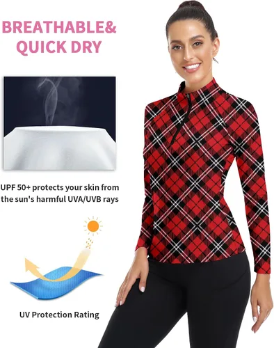 Miniatura 203 de WOWENY Camiseta deportiva de manga larga para mujer, con cremallera de un cuarto, cuello para entrenamiento, camiseta de tenis con estampado