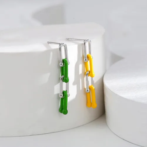 Miniatura 4 de Aretes de aro convertibles de oro para mujer Juego de aretes de aro de eslabones de plata de 14 quilates, esmalte Y2K, multicolor, rectangular