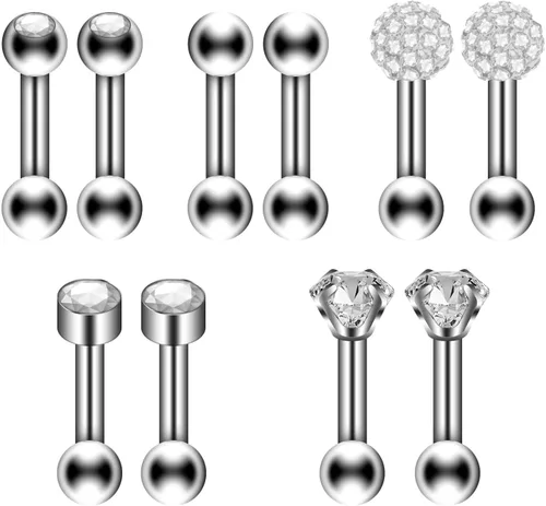 Miniatura 2 de Juego de 10 aretes de 0.56 oz, aretes de bola con cierre de tornillo, aretes de tuerca para cartílago de hélix, barra con incrustaciones
