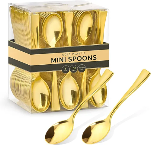 Mini Cucharas de Plástico Dorado de 4 Pulgadas, Paquete de 100 Cucharas Pequeñas de Degustación Resistentes para Postres de Fiesta, Aperitivos,