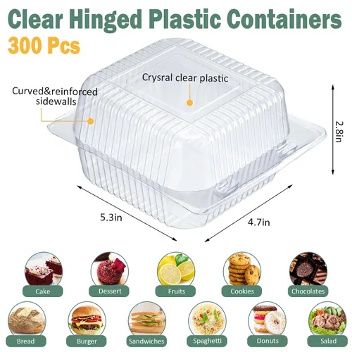 Miniatura 2 de 300 recipientes de plástico transparente para llevar, contenedores de plástico desechables de 5 x 5 pulgadas, cajas de postre con bisagras con tapas