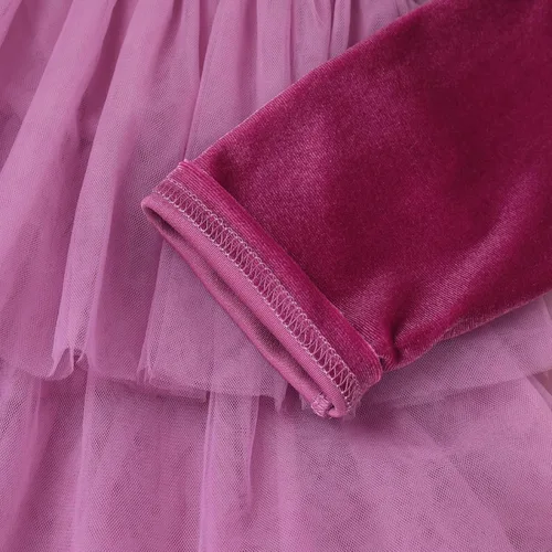 Miniatura 7 de Vestido de tutú de tul escalonado de terciopelo de manga larga para otoño e invierno para niñas y niñas