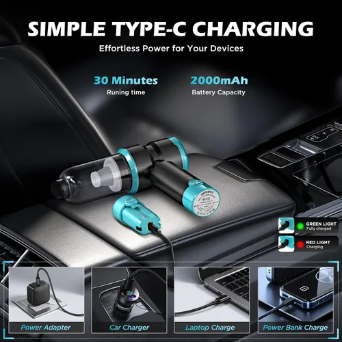 Miniatura 5 de Aspiradora de mano para coche con potencia de 15000PA, aspiradora inalámbrica pequeña y potente 4 en 1 y quitamanchas con batería de 2000mAh