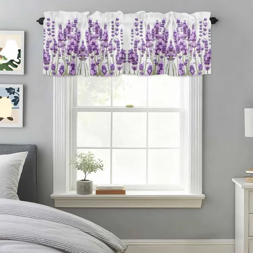 Miniatura 4 de Cortina de cenefas de lavanda púrpura pastoral para cocina, cafetería, cenefa floral de primavera de 42 x 12 pulgadas, bolsillo para barra, cortinas
