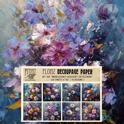 Paquete de papel para decoupage (24 hojas de 15 cm x 15 cm) Bouquet de flores impresionistas # Papel con patrón vintage para decoupage, manualidades
