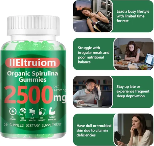 Miniatura 3 de Gomitas de Clorella de espirulina azul orgánica, 13 en 1 Super Greens & Superfoods, espirulina de 2500 mg de energía diaria mejorada con musgo
