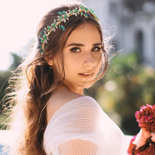 Miniatura 4 de JEAIRTS Diadema de diamantes de imitación verde esmeralda, accesorios para el cabello para mujer
