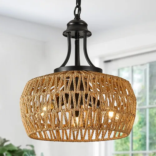 Lámpara de araña bohemia de granja de 12.6 pulgadas para comedor, lámpara de ratán de 3 luces con pantalla tejida, iluminación colgante costera de