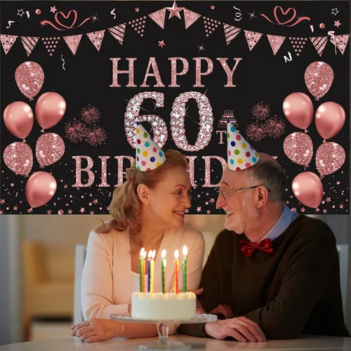 Miniatura 4 de Trgowaul Decoraciones de cumpleaños número 60 para mujer, pancarta de fondo de cumpleaños de oro rosa, 5.9 x 3.6 pies, suministros de fotografía