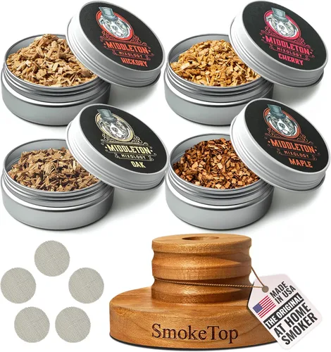 SmokeTop Kit de ahumador de cóctel con virutas de madera de 4 sabores, kit de ahumador de cóctel y papas fritas para cócteles antiguos, whisky y
