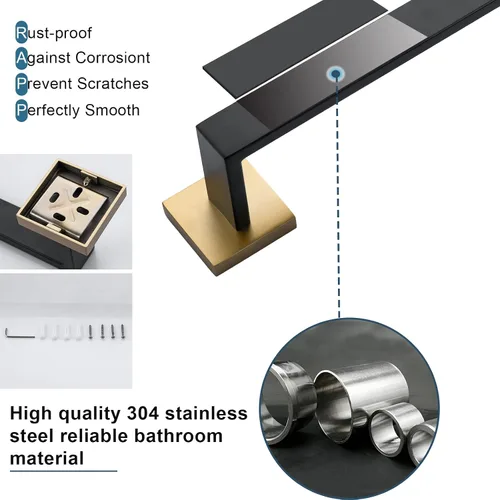 Miniatura 6 de Juego de 4 soportes para toallas de baño, juego de accesorios de baño de acero inoxidable negro y dorado, montaje en pared, 23.6 pulgadas