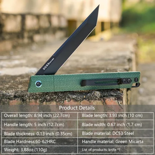 Miniatura 4 de Cuchillo plegable de bolsillo Flipper, hoja de acero DC53 y mango G10. Con clip de bolsillo y rompevidrios, cuchillo de bolsillo para hombres, Verde