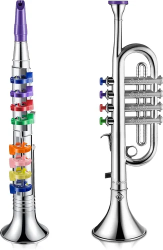 Miniatura 10 de Amylove Juego de 2 juguetes de saxofón y clarinete para niños pequeños, instrumentos de plástico, juguete musical falso, portátil, juguetes