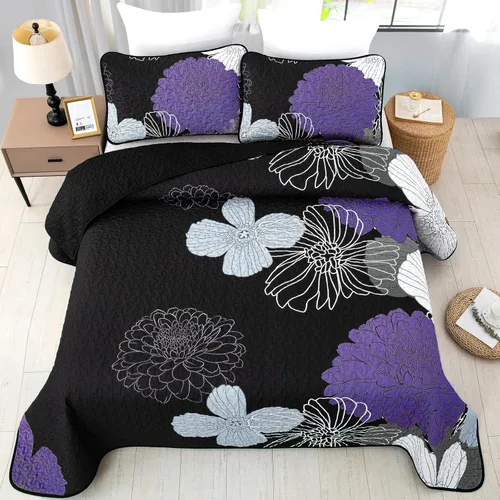 Miniatura 3 de Juego de edredón floral morado, tamaño Queen, juego de edredón de 3 piezas con patrón de flores moradas, colcha acolchada ligera de microfibra suave