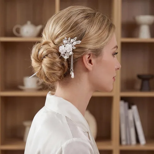Miniatura 6 de Chuangdi 2 palillos chinos para el cabello para mujer, palillos de pelo plateado con diamantes de imitación, horquilla japonesa vintage, perla