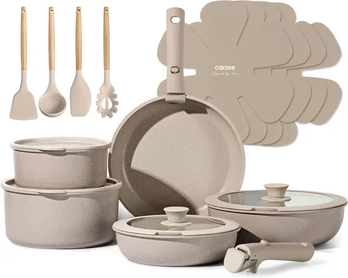 CAROTE Juego de 19 piezas de ollas y sartenes antiadherentes, juego de utensilios de cocina con mango desmontable, juegos de cocina de inducción con