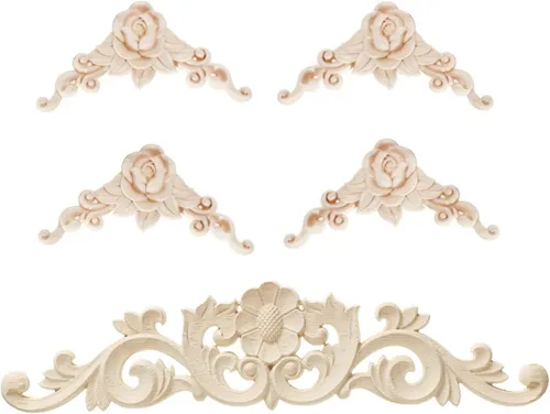 Miniatura 8 de 5 piezas de apliques de madera tallada en madera Onlays Onlays DIY tallados muebles apliques Onlays sin pintar centro tallado calcomanía para puerta