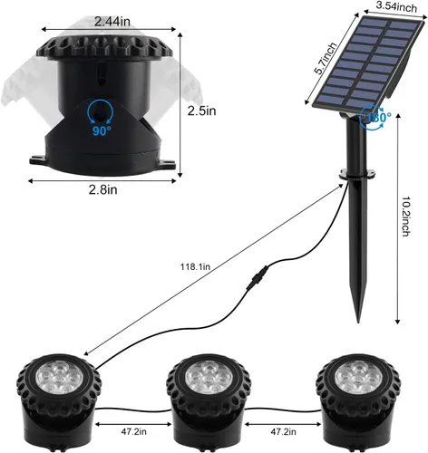 Miniatura 5 de T-SUN Luces de fuente solar sumergibles LED solares subacuáticas para estanque con cambio de color, focos de paisaje IP68 impermeables para jardín