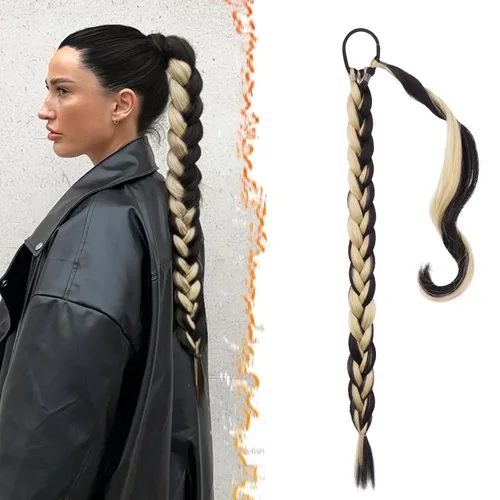 Miniatura 49 de Barsdar Extensión de 26 Pulgadas de Cola de Caballo Trenzada Larga con Banda Elástica - Extensiones de Cabello en Cola de Caballo Recta y Elegante
