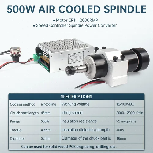 Miniatura 2 de RATTMMOTOR Motor de husillo refrigerado por aire CNC de 500 W ER11 12000RPM + voltaje de entrada AC110V-220V controlador de velocidad con fuente