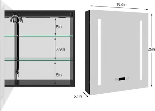 Miniatura 3 de Botiquín de baño con espejo, armario de baño LED de 20 x 26 pulgadas montado en la pared, espejo de tocador de baño con botón táctil, espejo
