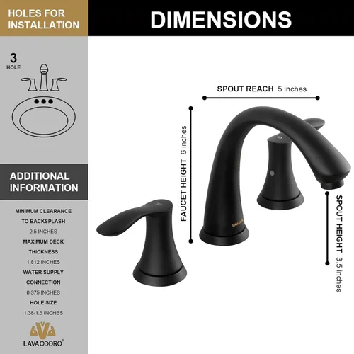 Miniatura 6 de Lava Odoro BF405-MB - Grifo de baño negro mate, grifo de baño extendido de 8 pulgadas, 3 agujeros, 2 asas, grifo de lavabo de baño moderno, grifo