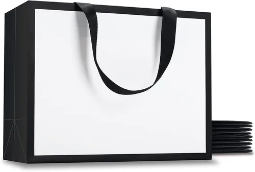 Miniatura 21 de Bolsas de regalo blancas con asas, 10 bolsas pequeñas de papel blanco de 5.25 x 3.75 x 8 pulgadas con asas de cinta, bolsa de compras de papel kraft