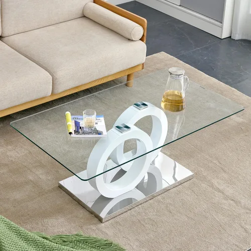 Mesa de centro de cristal, mesa de centro para sala de estar, mesa moderna de vidrio templado de 47 pulgadas con patas de MDF DoubleO y base de