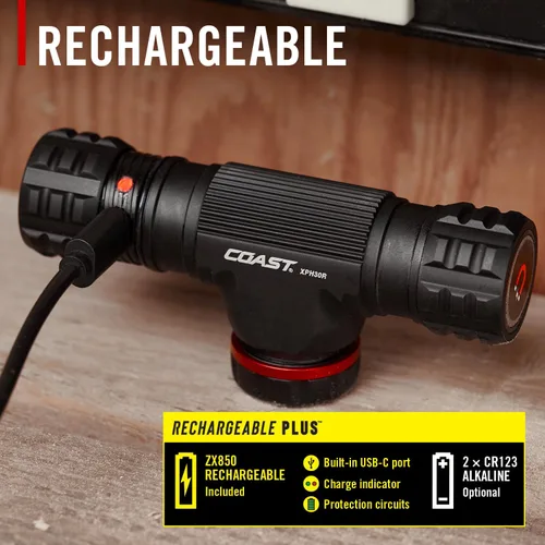 Miniatura 5 de Coast XPH30R 1200 Lumen USB-C Recargable Dual Power Faro con haz de enfoque giratorio y base magnética, 4.37 oz. - Negro