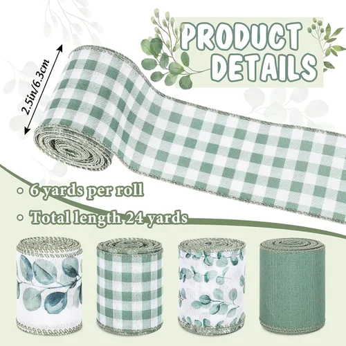 Miniatura 2 de AnyDesign 4 rollos de cinta de eucalipto con borde con alambre de 24 yardas, cinta decorativa de hojas verdes, cintas de tela para primavera
