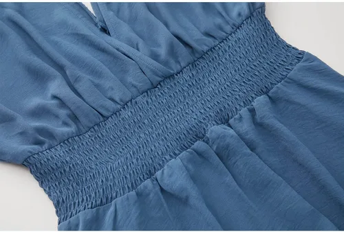 Miniatura 4 de Vestido largo de encaje para mujer de manga corta y cuello en V, vestido de fiesta estilo bohemio con cintura fruncida, vestido bohemio para mujer