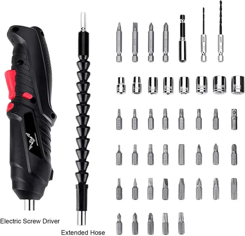 Miniatura 2 de JENABOM Destornillador eléctrico, 3.6 V inalámbrico, juego de 44 puntas de destornillador, luz LED delantera, eje flexible, micro USB, funda de Negro