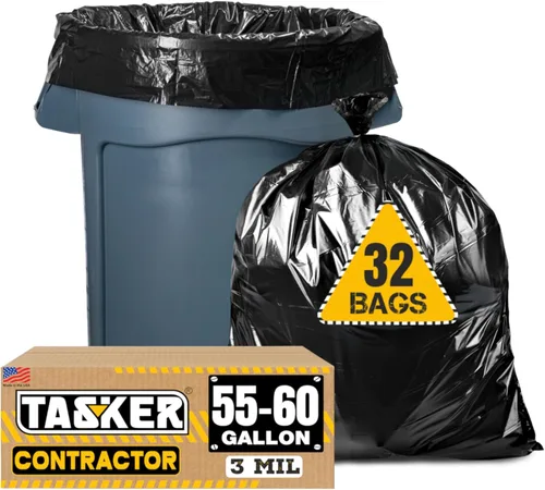 Tasker Bolsas de basura para contratistas de 55 galones, 3 mil resistentes (32 bolsas con lazos) Bolsas de 60 galones para contratistas de 3 mil.