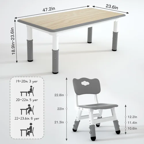 Miniatura 6 de Moderno juego de mesa y 6 sillas para niños, mesa ajustable en altura de 47.20" para niños pequeños y conjunto de 6 sillas con patas de escritorio