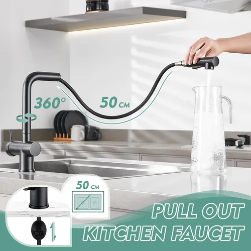 Miniatura 2 de CREA Grifo de cocina negro con rociador extraíble, grifo de barra de acero inoxidable de una sola manija para lavandería de granja, utilidad al aire
