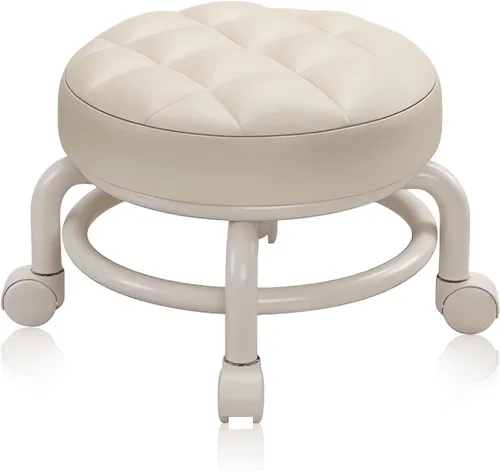Miniatura 9 de Taburete bajo redondo rodante, de piel sintética, 360°, más cómodo, giratorio con cojín de esponja gruesa para salón de uñas, pedicura, spa y hogar