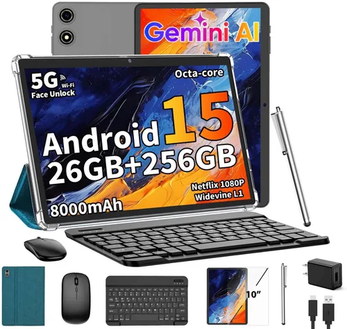 Tablet Android 15 con teclado, 26 GB de RAM+256 GB de ROM (expansión de 2 TB), tableta de 10 pulgadas con batería de 8000 mAh, WiFi 2.4G/5G, cámara