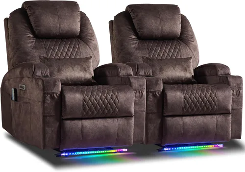 Miniatura 12 de AHMED Silla reclinable eléctrica con masaje por vibración y calor para adultos, asiento de cine en casa de piel sintética con portavasos, luces LED