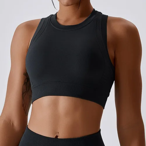 Miniatura 100 de Conjuntos de entrenamiento para mujer, 2 piezas, sin costuras, acanalada, sin mangas, brasier deportivo, cintura alta, pantalones cortos
