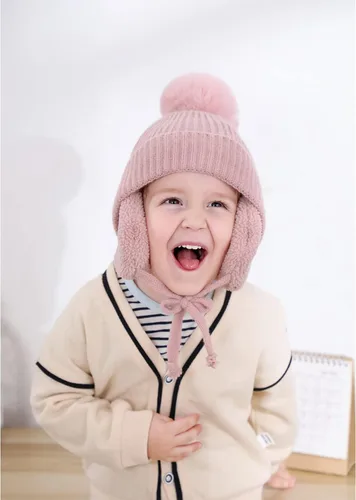 Miniatura 2 de CHOIEO Gorro de invierno para niños pequeños gorro con solapa para las orejas gorro de punto suave y cálido con forro polar con pompón
